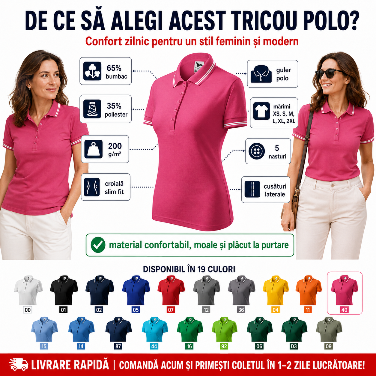 Tricou polo damă Malfini Urban 220 roz, 65% bumbac, 35% poliester, 200 g/m&sup2; și 19 culori disponibile